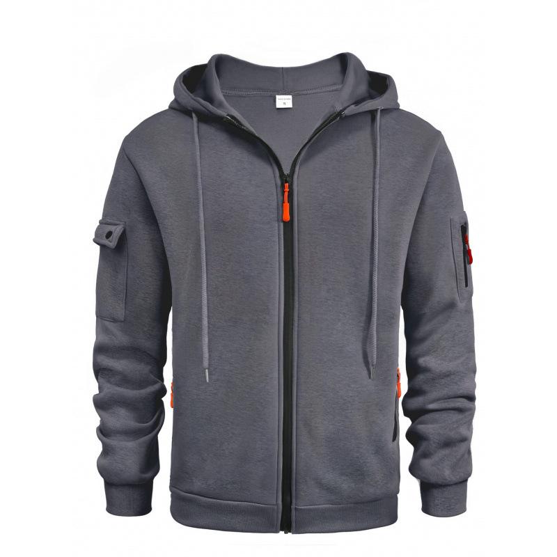 Autumn and Winter Men's Casual Plus Size Sports Hoodies Arm Pocket Contrasting Color Zipper Hoodies
