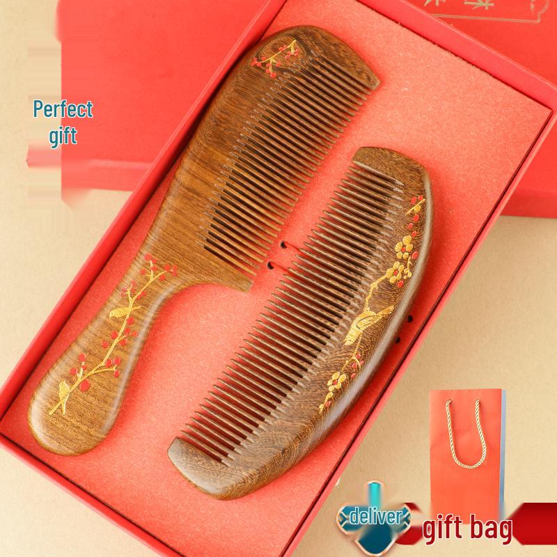 Premium Black Gold Sandalwood Comb: Hand-Painted, Anti-Static, Portable Hair Styling Comb with Gift Box for Women.