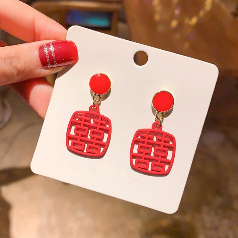925 Silver Needle Happy Earrings Women's New Year Red Earrings Retro Autumn and Winter Personality Temperament Versatile Earrings