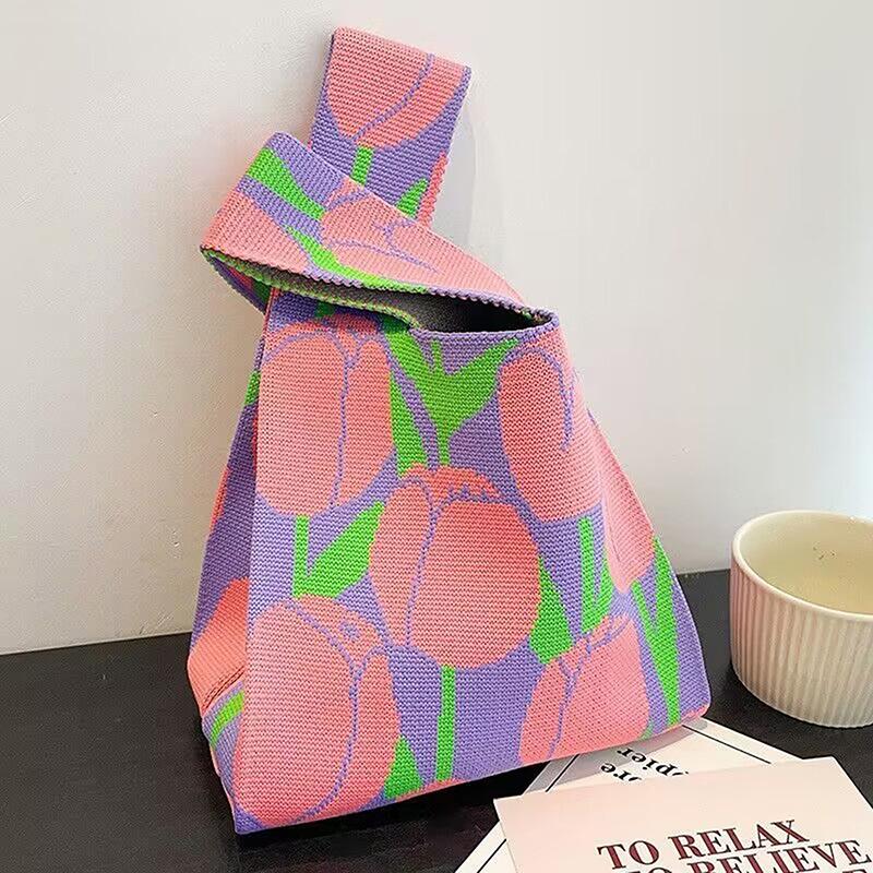 Przenośna Mini Pasiasta Torba Tote Ręcznie Robiona Dzianinowa Torba Damska Węzeł na Nadgarstek Torba Wiaderko na Telefon Duża Pojemność Jesień Zima Torebki