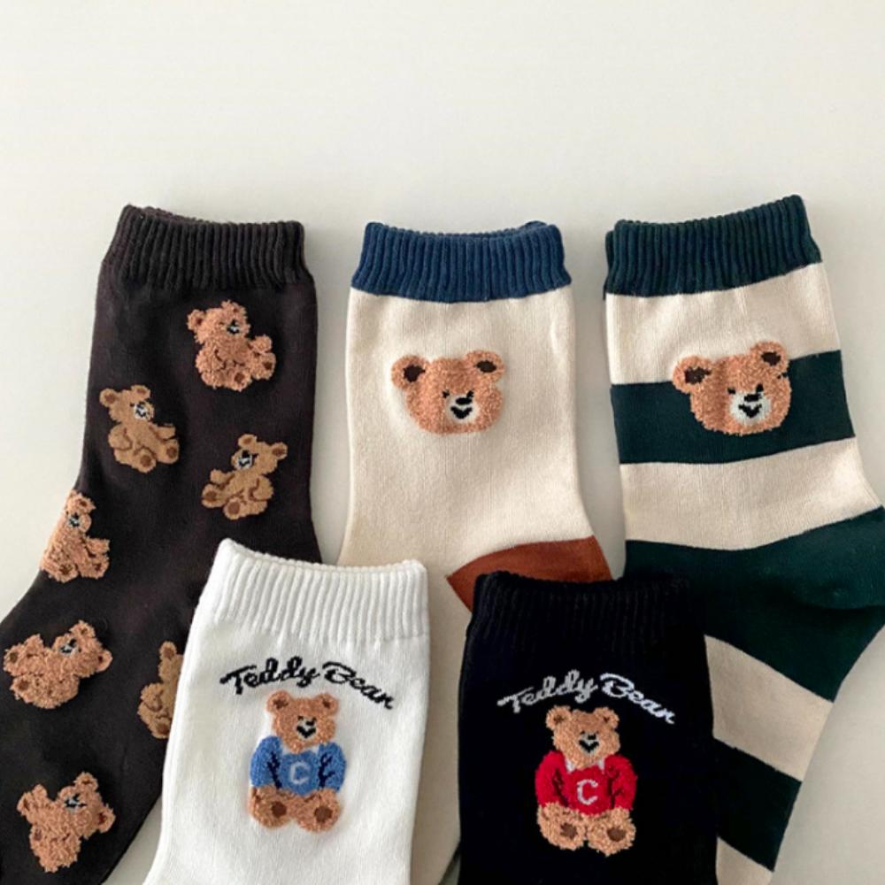 1~5pair Korean Teddy Bear Socks – Cute Cozy Women’s Cotton Socks – 5 Colors Set – K-Fashion Trending Gift Idea