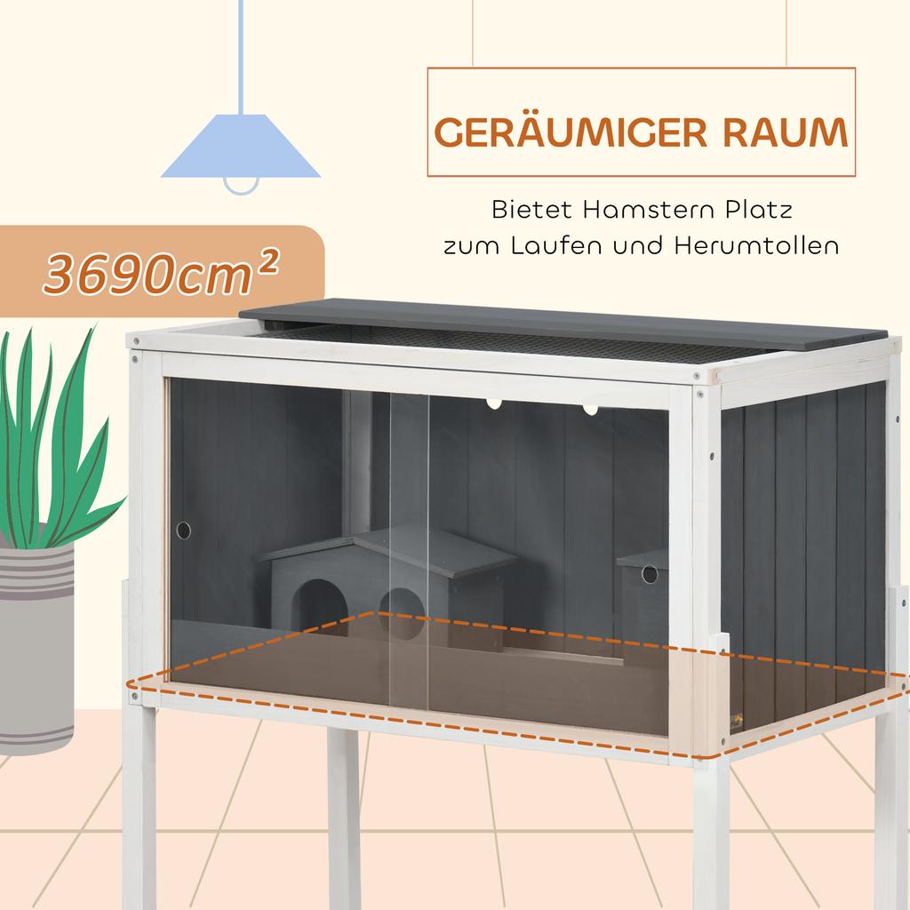 Wooden Hamster Cage for Dwarf Hamsters, Gerbils, Rutin Chicken, with Shelf, Two Huts - Grey