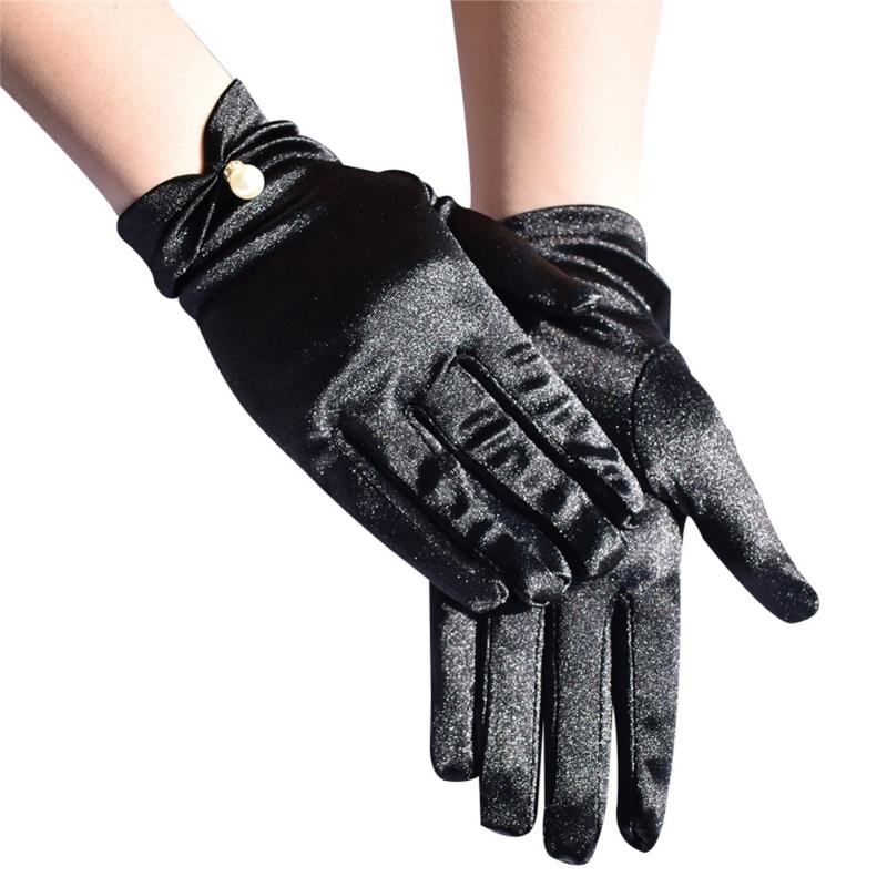 

2pcs Luxurious Satins Gloves With Bead Detailing Pearls Pendant Sunscreen Mittens for Weddings and Parties чёрный