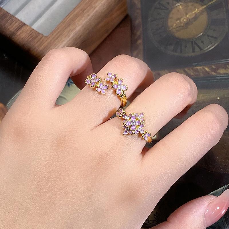 Enamel Dripping Oil Flower Combination Set Open Ring Medieval Light Luxury High-End Sense Niche Design Ring