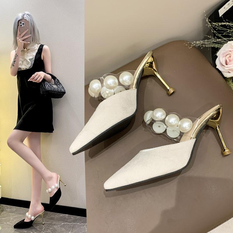 Baotou Half-drag Women's Outer Wear 2025 Summer New Korean Version New Pointed Pearl One-word Strap Foot Slippers