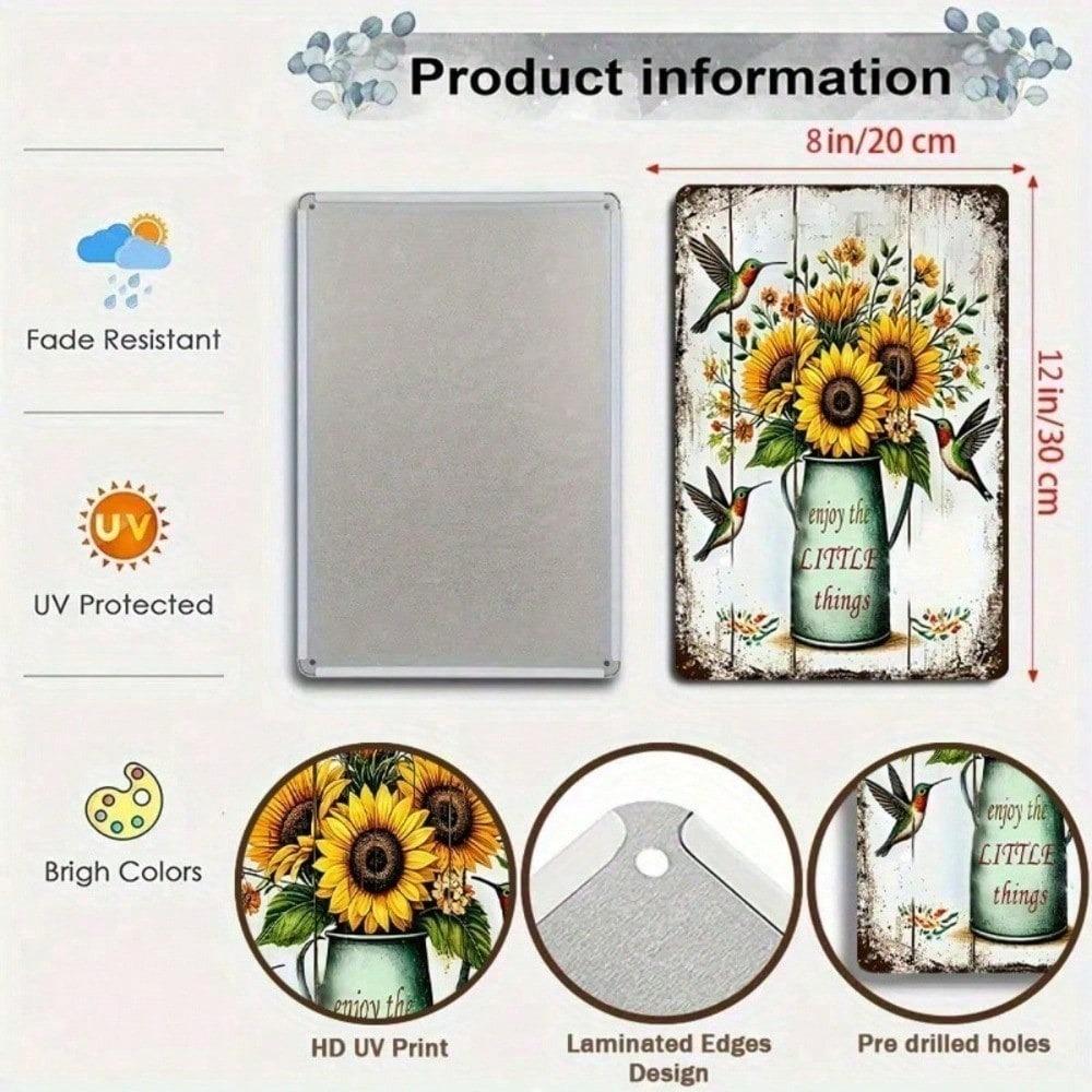1PC Rustic Sunflower Metal Tin Sign, 2D Flat Hummingbird Plaque with Enjoy The Little Things Quote, Farmhouse Wall Decor