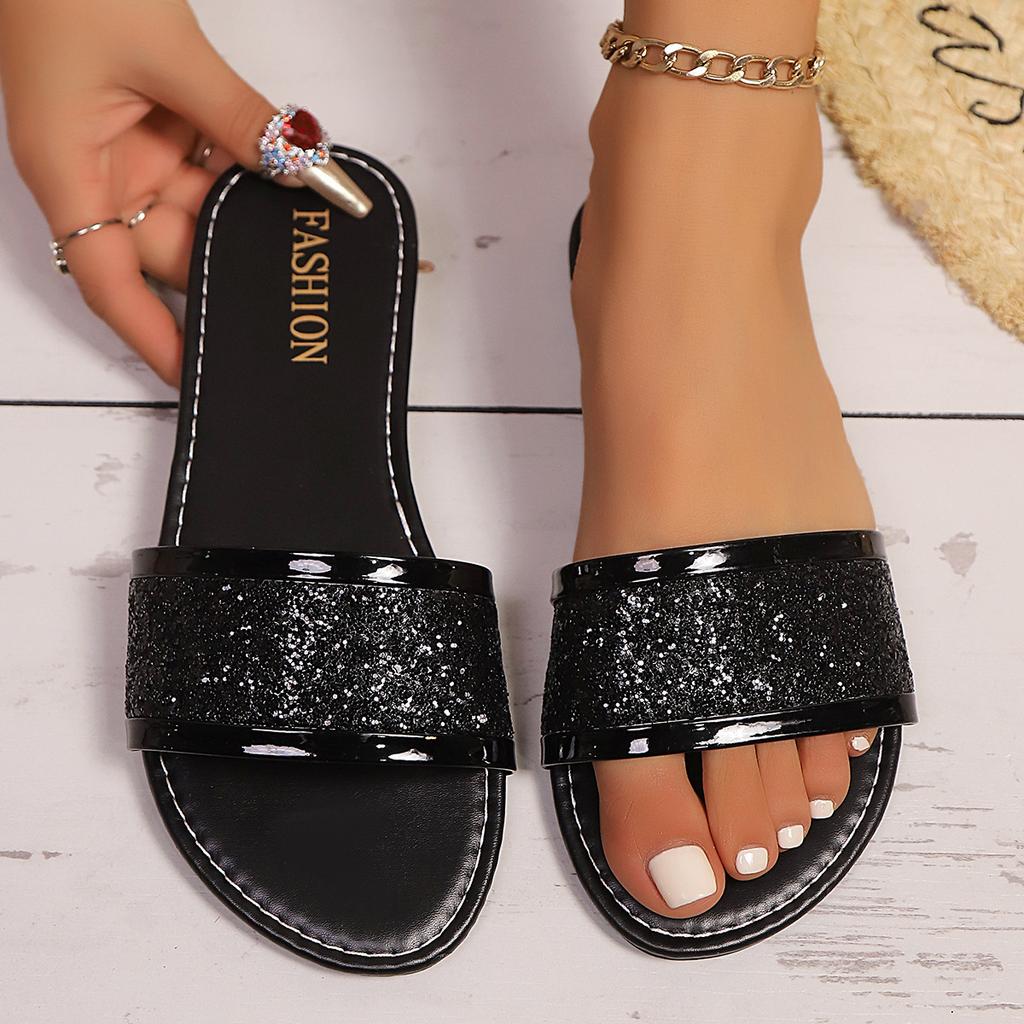 Foreign trade large size summer new one-word sequin sandals women wear square head open toe flat bottom beach women's sandals