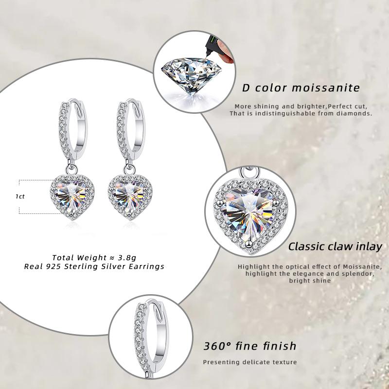 Bague Ringen 1 karatowe kolczyki z Moissanite w kształcie serca dla kobiet, wesele, srebro próby 925, platynowana biżuteria, prezenty