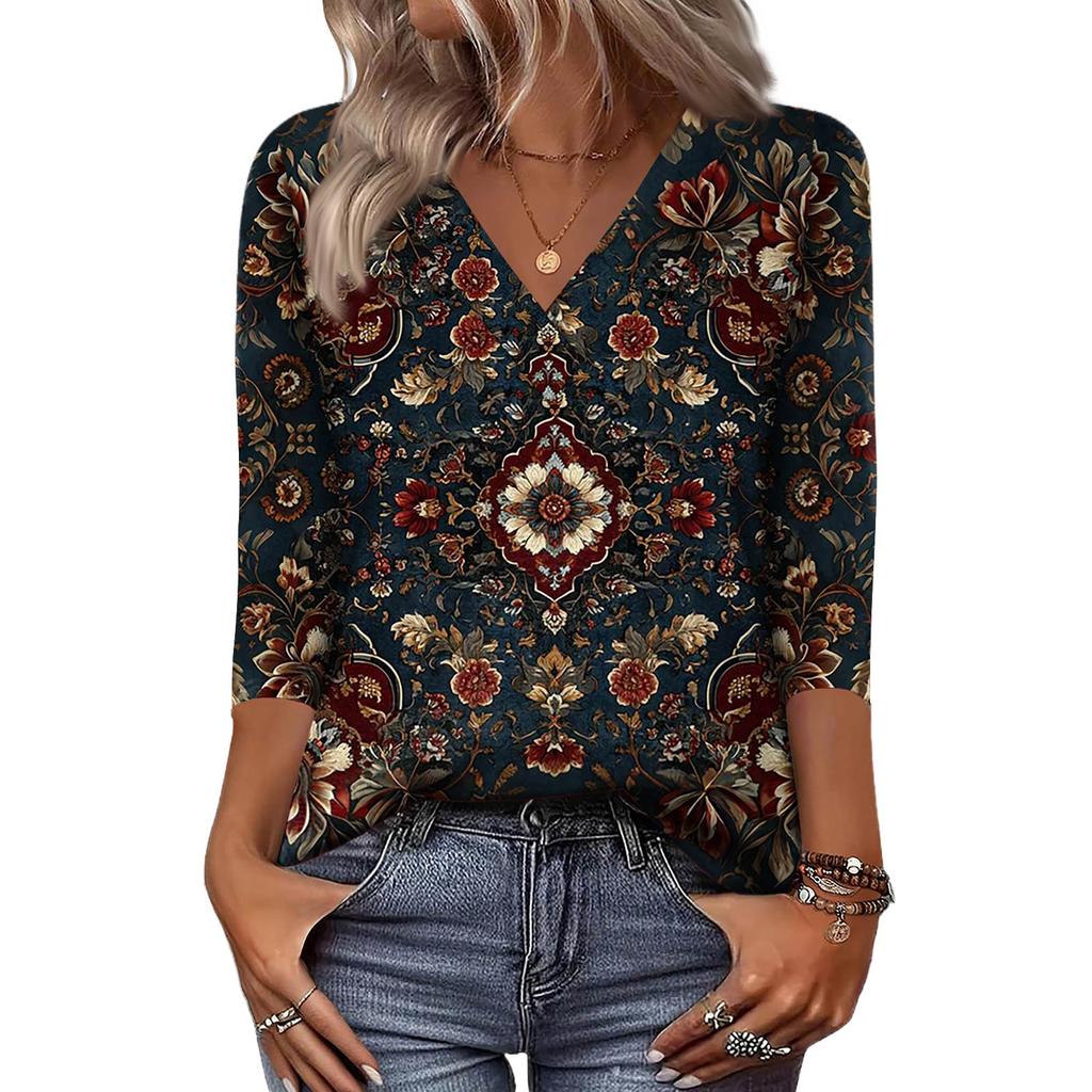 Dámské košile s 3/4 rukávem Topy s výstřihem do V Topy pro volný čas Základní trička Halenka Volné topy