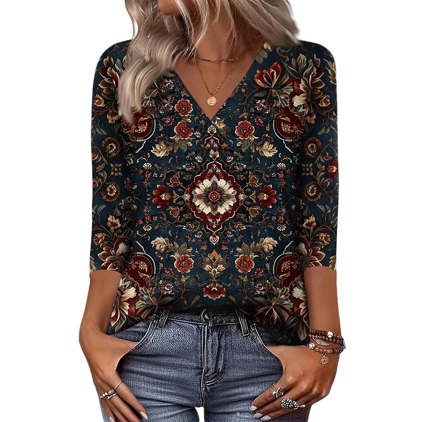 

Женские рубашки с рукавом 3/4, топы с принтом и V-образным вырезом, повседневные топы, базовые футболки, блузки, свободные топы S тёмно-синий