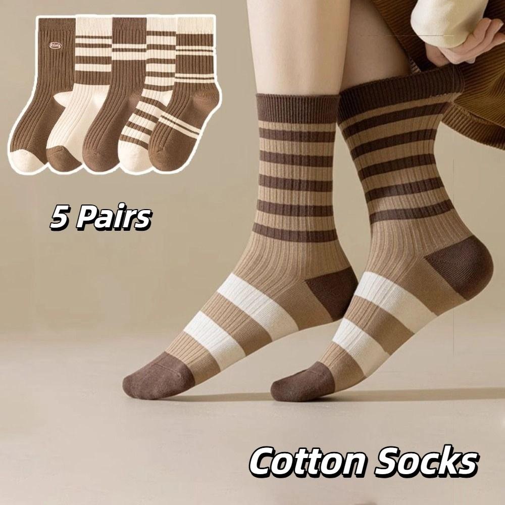 5Pairs Breathable Stripe Tube Socks Retro Mid-calf Socks Fashion Women's Cotton Socks Keeping Warm