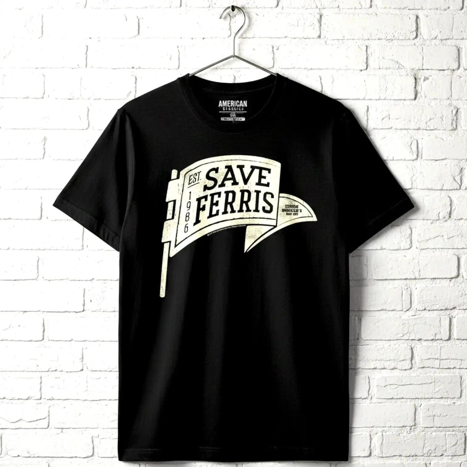 Ferris Bueller s Day Off SAVE FERRIS Pennant Men s Black T Shirt L