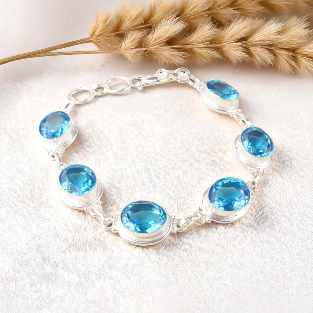Sveitsisk blå topas edelstein 925 sterlingsølv smykker håndlaget armbånd 8,5" RB-3-6