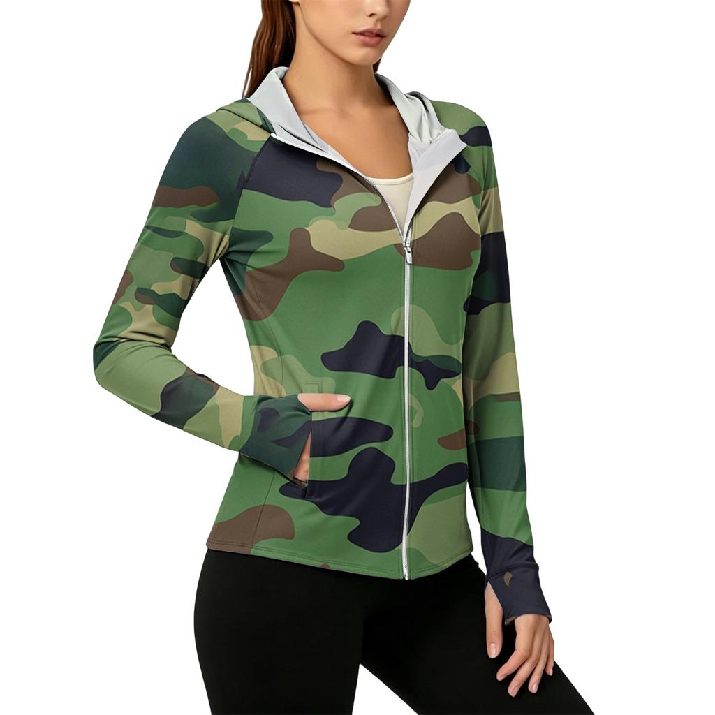 Leichte Kapuzenjacke mit Reißverschluss und Taschen für Damen, Langarm, Camouflage, Sonnenschutzjacke für Outdoor-Aktivitäten