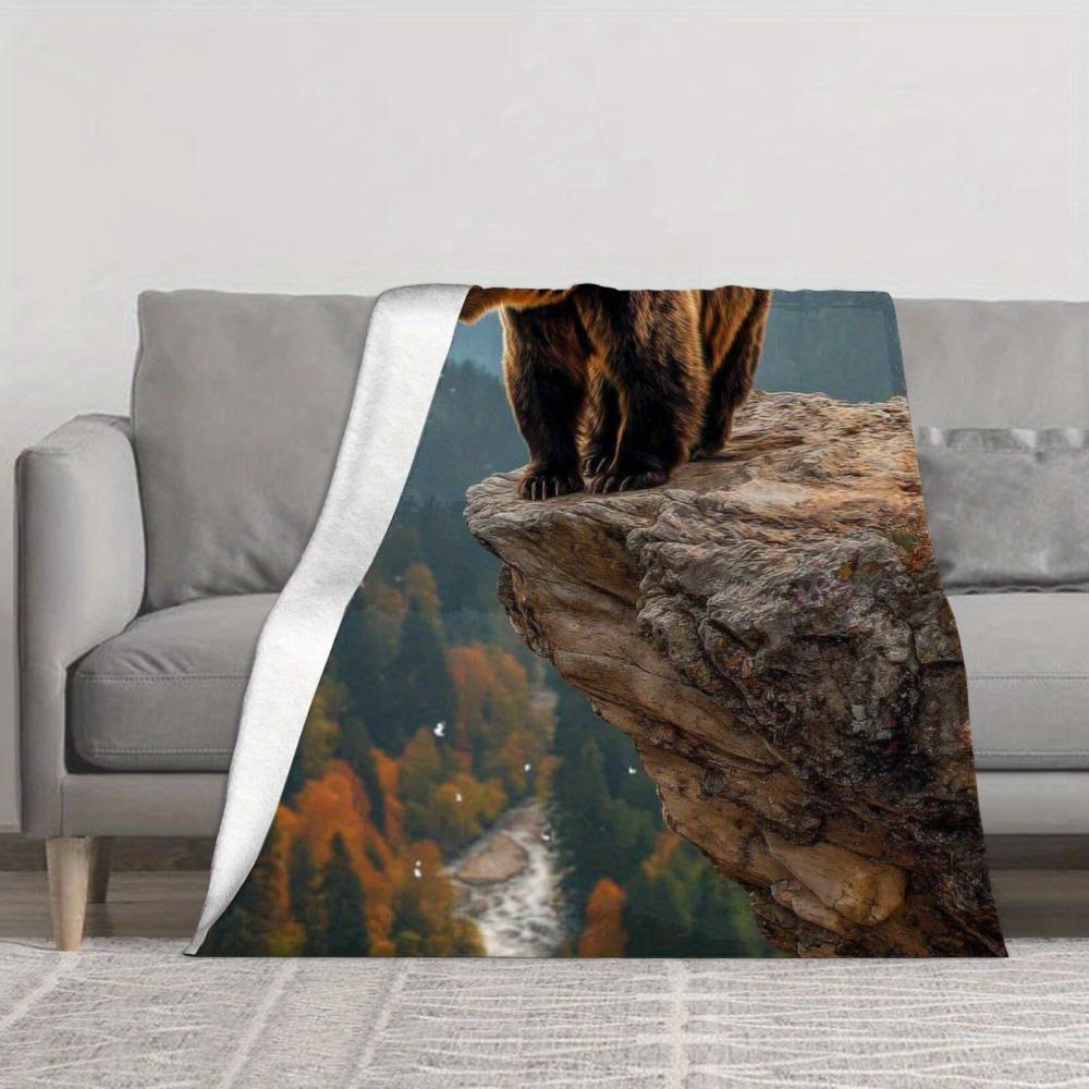 Grizzly Bear Mountain Blanket Wild Animal Art Brown Bear On Cliff Autumn Forest View Soft Fleece Throw Cozy Home Decor Gift Idea