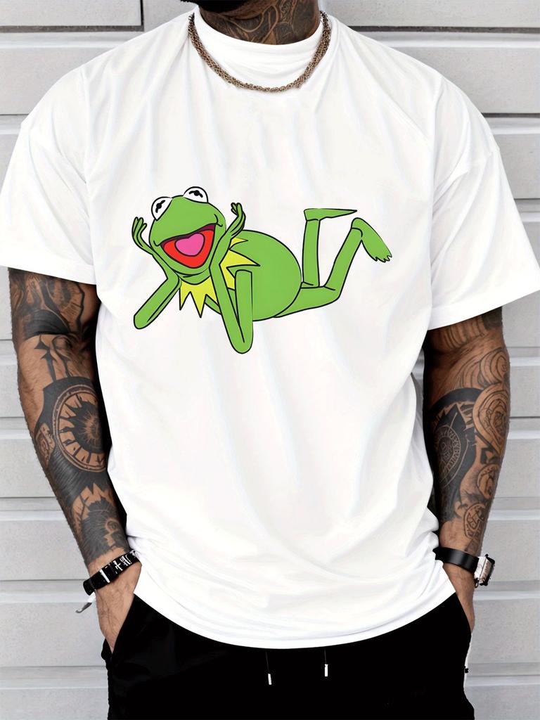 Unisex Crew Neck Tee Cute Lying Frog Cartoon Graphic Print Short Sleeve Oversized Male Daily Casual Soft Breathable Basic Wear Top