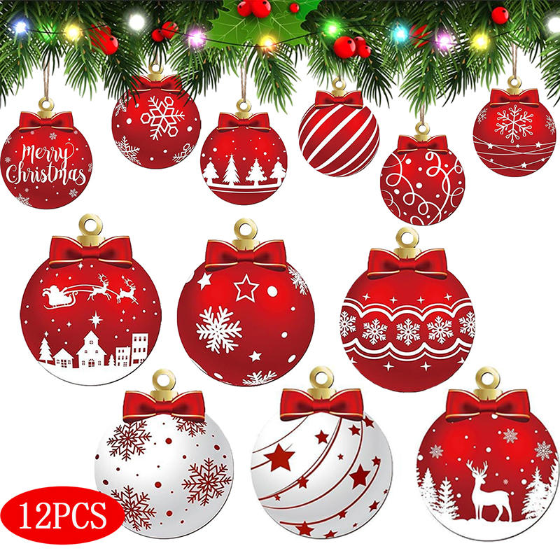 12pcs New Year's Gift Christmas Decoration Wooden Christma Ball Pendant Christmas Tree Hanging Home Room Decor Outdoor Accessory