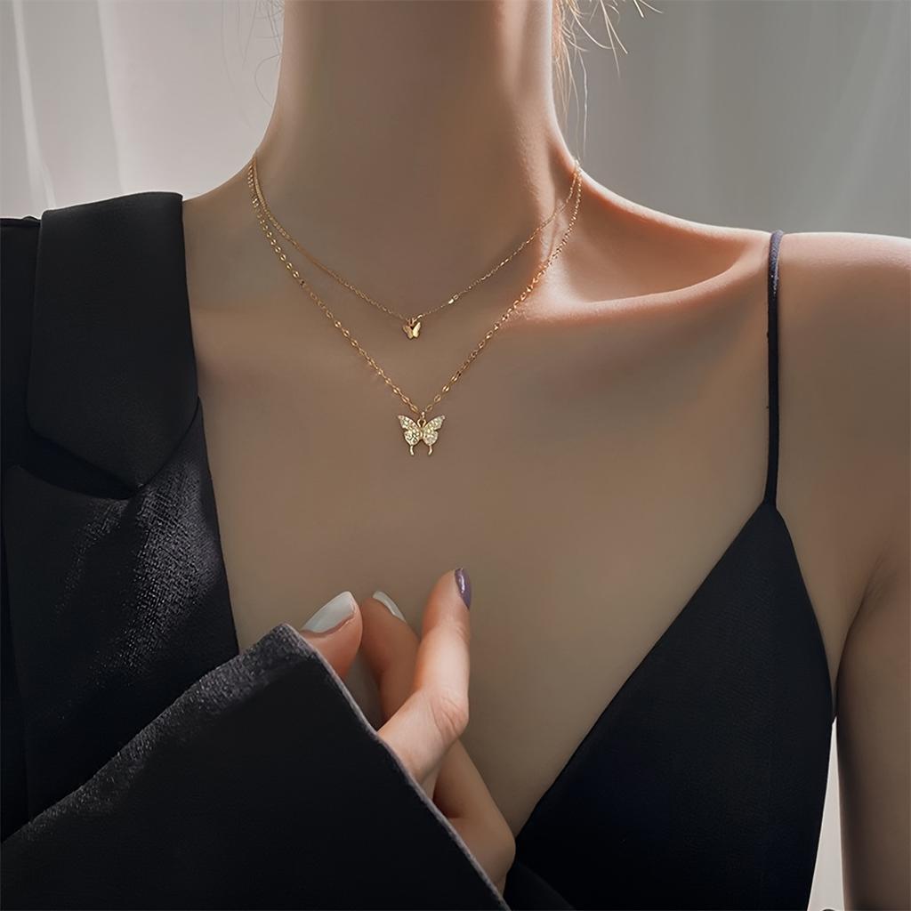 1 Double Layer Butterfly Necklace Alloy Pendant Collarbone Chain Perfect Gift for Girlfriend, Women's Unique Lightweight Versatile Fashion Design Suit