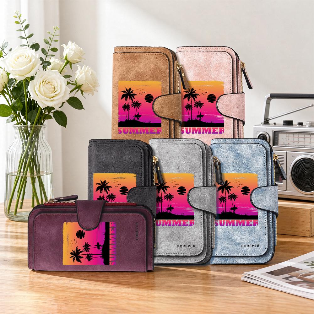 Retro Summer Beach Pattern Long Wallet Fashion Large Capacity Multi Slot Card Holder Zipper Purse
