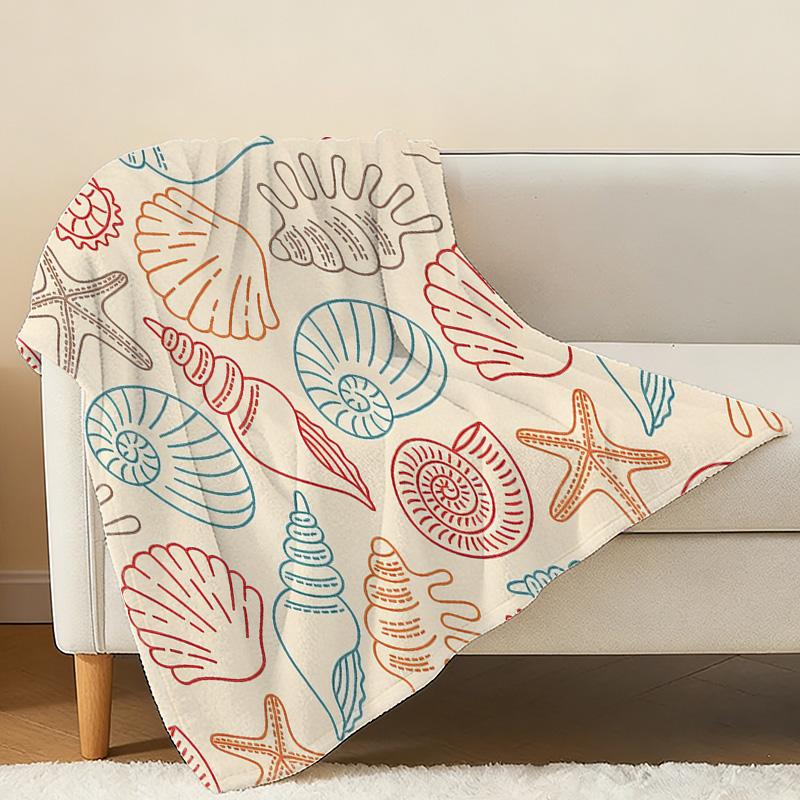 Soft Flannel Blanket Ocean Shell & Starfish Pattern, Breathable Lightweight All-Season Throw, Cozy Home Office Blanket for Halloween Christmas Decor