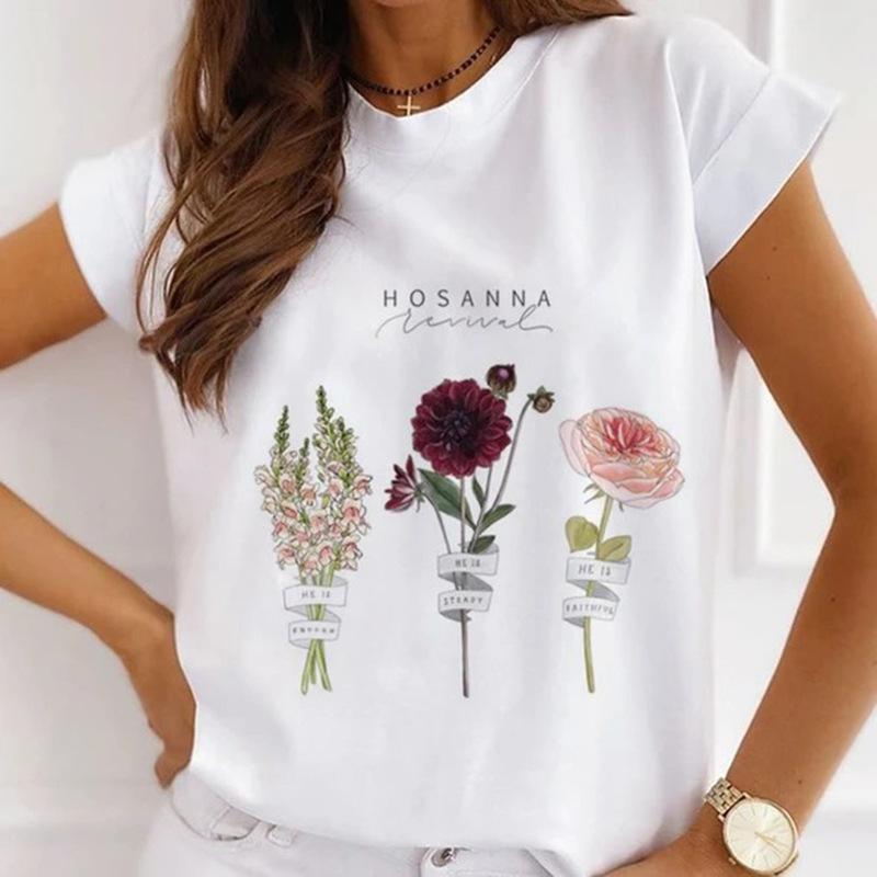 Módní kreativní 3D Rose Flower Grafika Dámské Tričko Letní halenka 90S Volný Trička s krátkým rukávem Bílý výstřih do O Dámské topy Oblečení