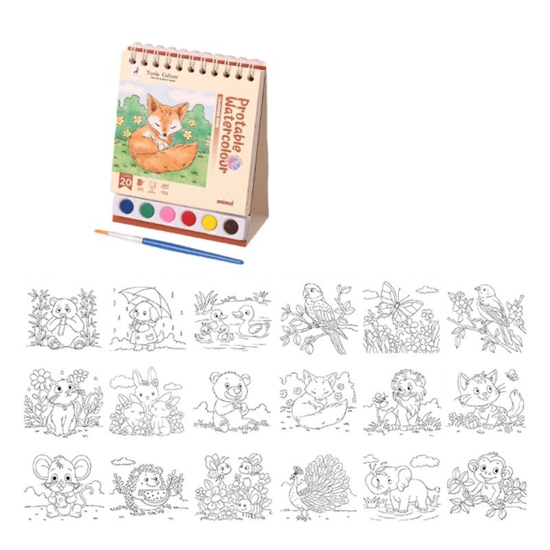Kids Doodling Book with Watercolor Paint and Brush Twin Coil Binding Art Drawing Pad for Kid Beginner Outdoor Sketching
