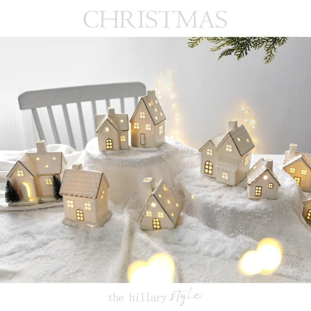 LED Light Up Porcelain Village House White Tabletop Ornaments New House Figurines  Winter Decor