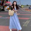 [Welcome sign] blue plaid bandeau camisole dress women's summer French feel waist slimming skirt