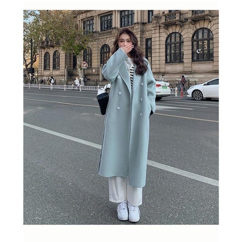 Damen Doppelreihiger Langer Wollmischung Trenchcoat Reverskragen Locker Warm Winter Oberbekleidung Übermantel