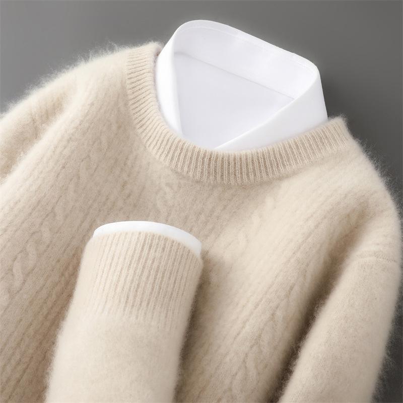 Men's 100% Wool Round Neck Sweater, Thickened Knit Pullover, Autumn/Winter Cashmere Base Layer Top
