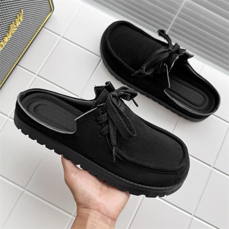 Men's Loafers 2025 Summer Comfortable Suede Casual Shoes Retro Platform Lace-up Flat Half Slippers Mules Zapatos Para Hombre