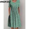 IHUASU 30 Color Pleated Midi Dress Short Sleeve Round Neck Loose Hem Mid-Calf Length Women Floral A-Line Party Dress Casual Wear
