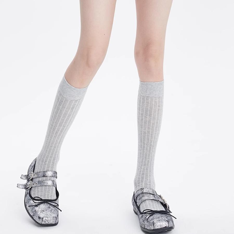 Women's simple knitted mid-calf socks, spring/summer thin vertical striped stacked socks jk Gray socks in ballet style