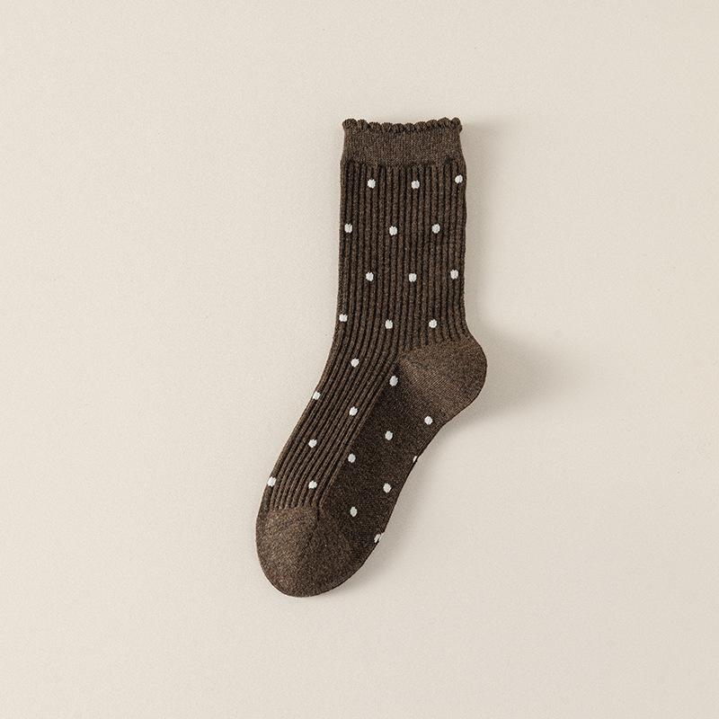 Lace Socks, Women's Long Socks, Polka Dot Black Ear-trimmed Cotton Socks, Autumn and Winter Sports Pile Socks, Versatile Boneless Mid-calf Socks