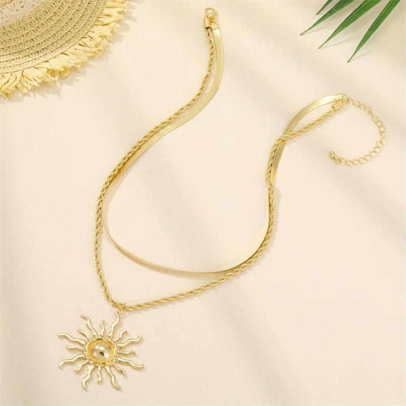 925 Silver Double Layer Sun Pendant Necklace for Women Trendy Bohemia Snake Bone Chain Necklace Party Jewelry Gifts