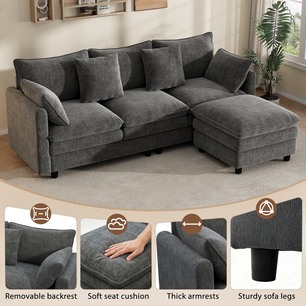 L-Shaped Corner Sofa with 4 Cushions and 3 Backrests, 3-Seater Sofa with Chaise Longue, Capacity up to 120 kg, Living Room Sofa 212×150×90 cm, Grey