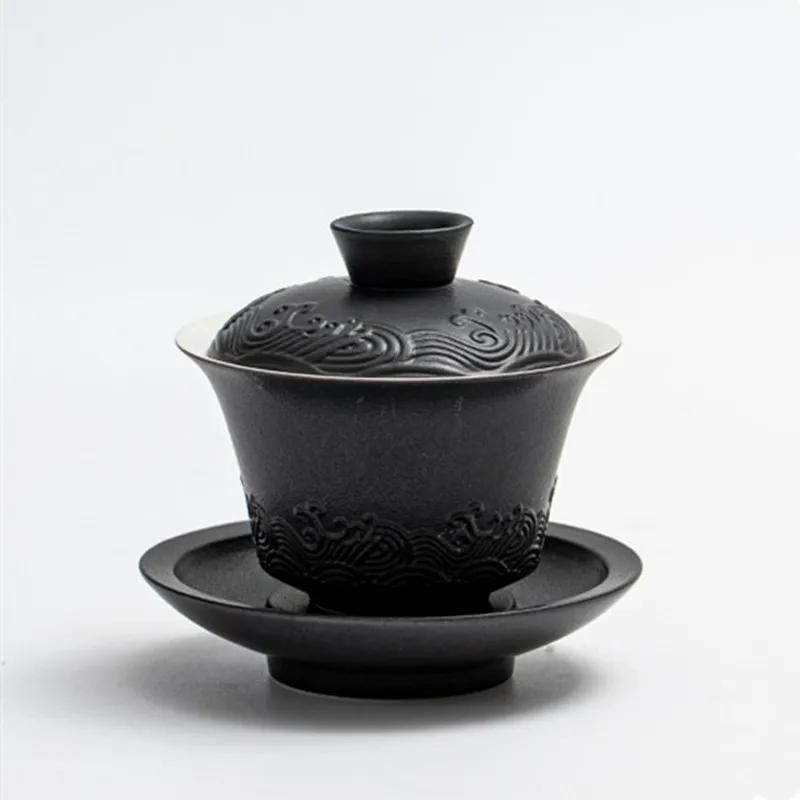 

150ml Chinese Traditional Ceramic Gaiwan Teacup Handmade Sea Wave Tea Bowl Household Beauty Tea Infuser Travel Portable Teaware 10.7x10cm 150ml