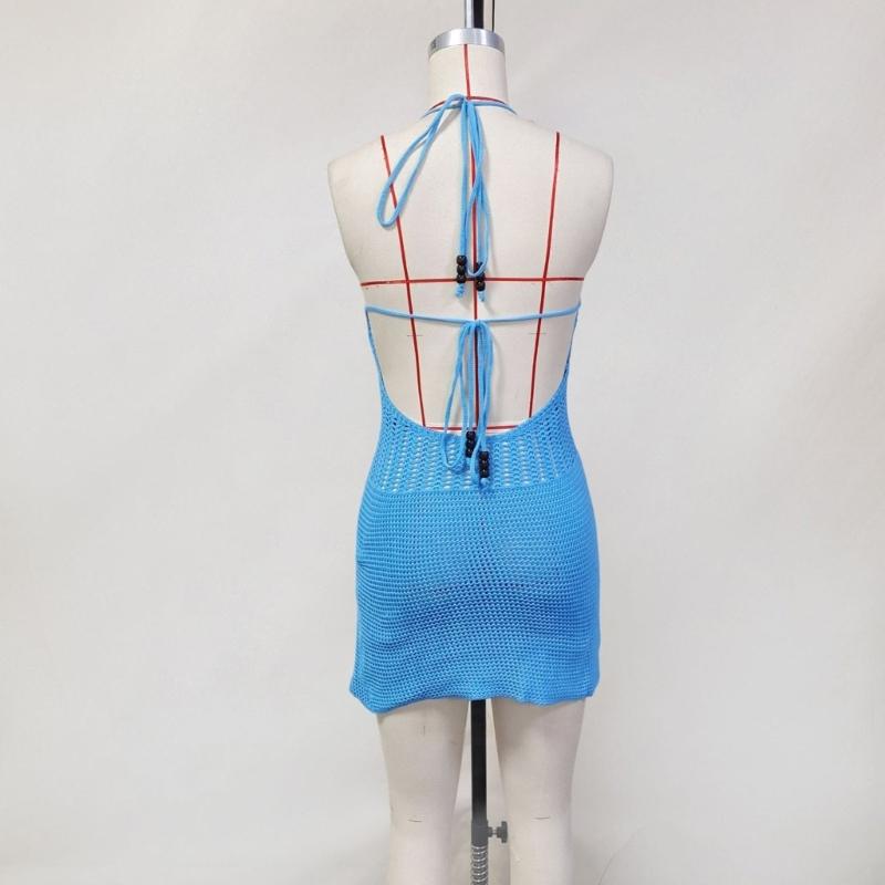 Knitting Tied V Neck Halterneck Backless Tied Up Beach Dress Adjustable Summer Outfit For Women Swimwear Cover Up