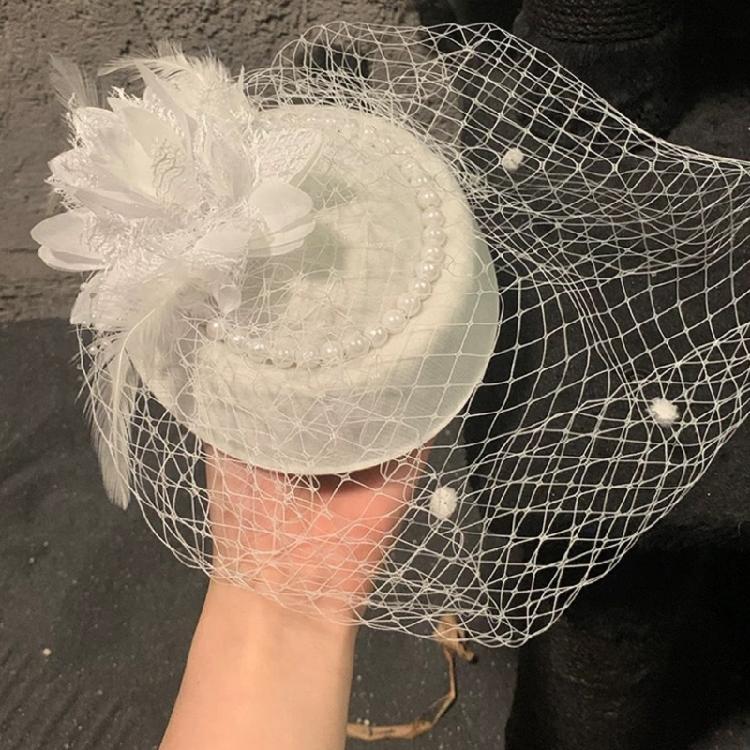 Feather Trimmed Faux Pearls Decorated Mesh Hat Elegant Evening Headwear Ideal For Wedding Guest Attires
