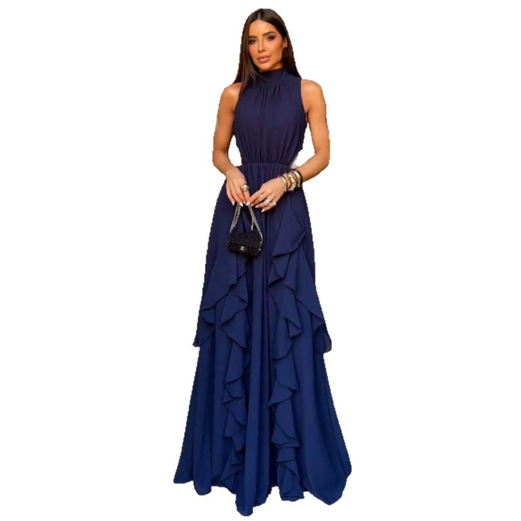 Europäische und amerikanische Damenbekleidung Frühling und Sommer neues Kleid mit Stehkragen, tailliert, ärmellos, Rüschen-Blattrand, rückenfreies Kleid