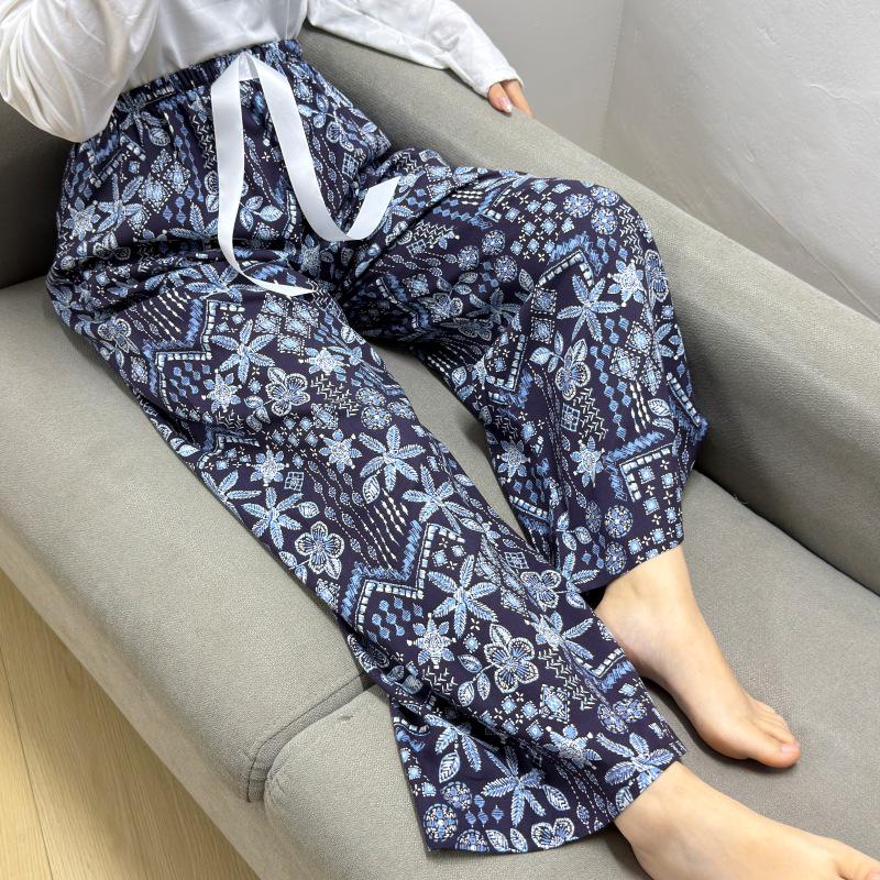 Damen-Blumen-Baumwoll-Seiden-Pyjama - Große Größen, Sommer, Leicht, Für draußen, Gerades Bein, Lockerer Schnitt