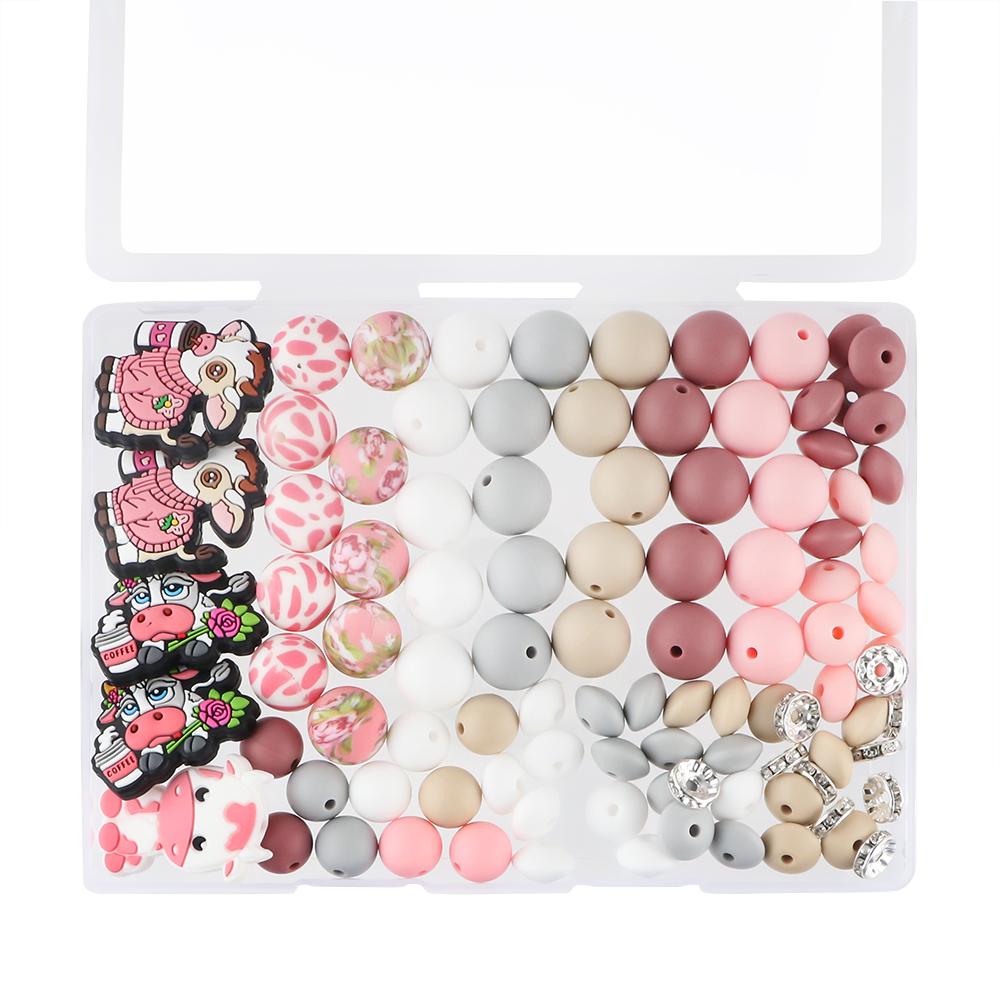 New 100Pcs/Box Yak Cow Silicone Focal Beads Printed Round Lentil Bead Kits DIY Keychain Bracelet Accessories For Jewelry Making