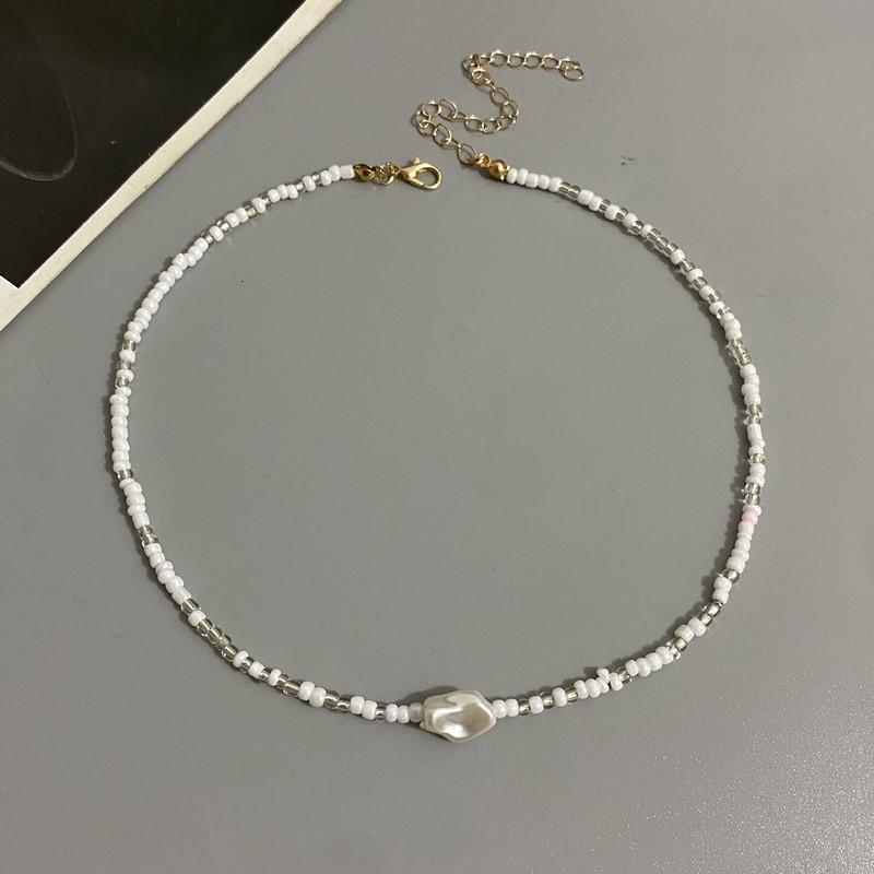 Fashion Boho Beads Necklace Women Imitation Pearl Seed Beaded Strand Short Choker Necklace Handmade Female Jewelry