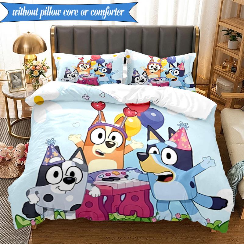 3PCS Bluey Friends Adventure Bedding Set 2D Printing (Includes 1 Duvet Cover + 2 Pillowcases Coreless), Bedroom decor,Fan Gift