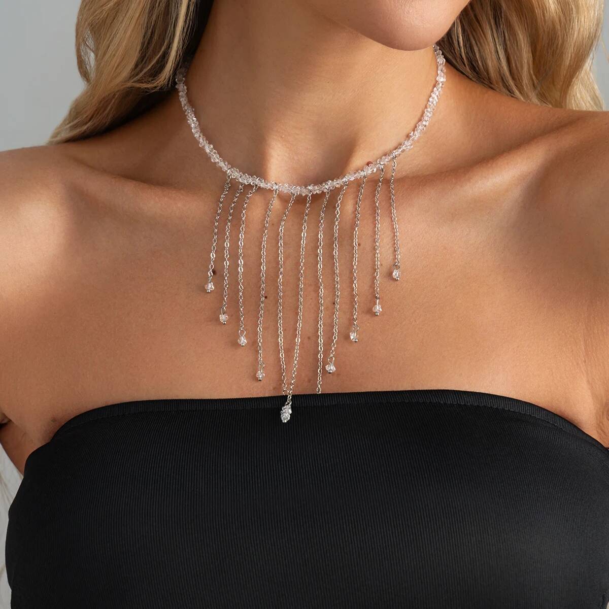 IngeSight.Z Personalized Irregular Tassel Pendant Necklace for Women Trendy Black Crystal Beaded Clavicle Chains Party Jewelry