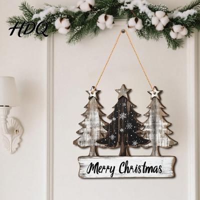 Farmhouse Style Hanging Decorations Distressed Wooden Christmas Tree Pendant with 3 Design Retro Indoor Outdoor Merry Wood Ornament for Holiday Home