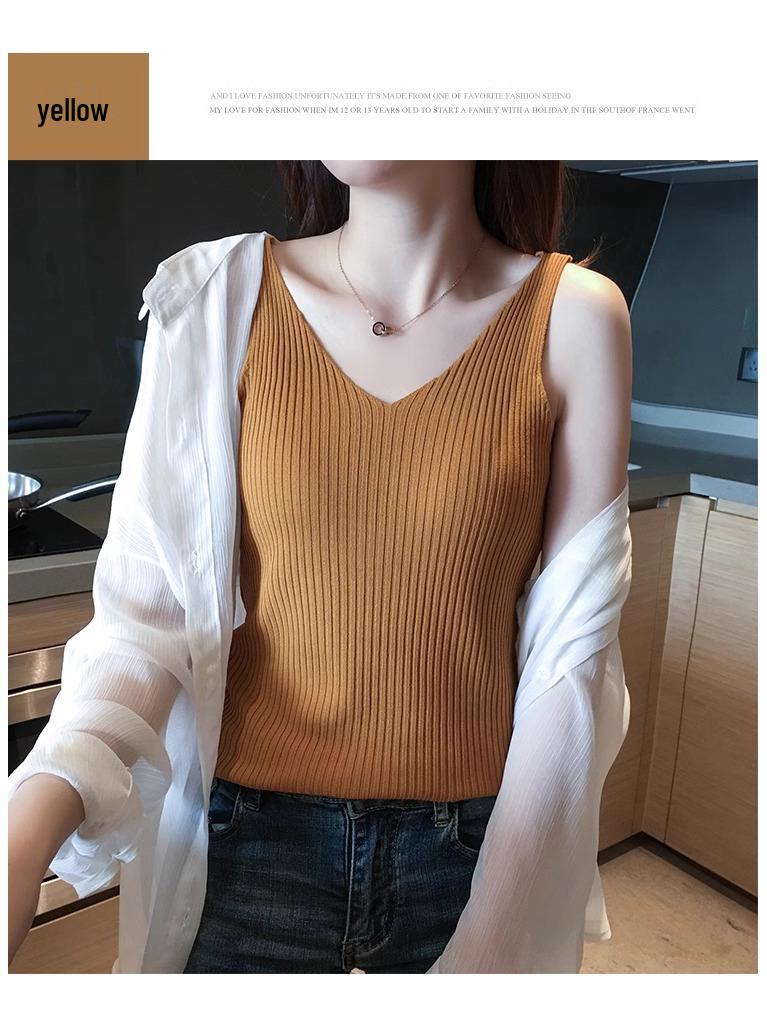 

Женская черная трикотажная майка без рукавов из ледяного шелка: Весна/Лето Сексуальный Базовый Слой One Size жёлтый