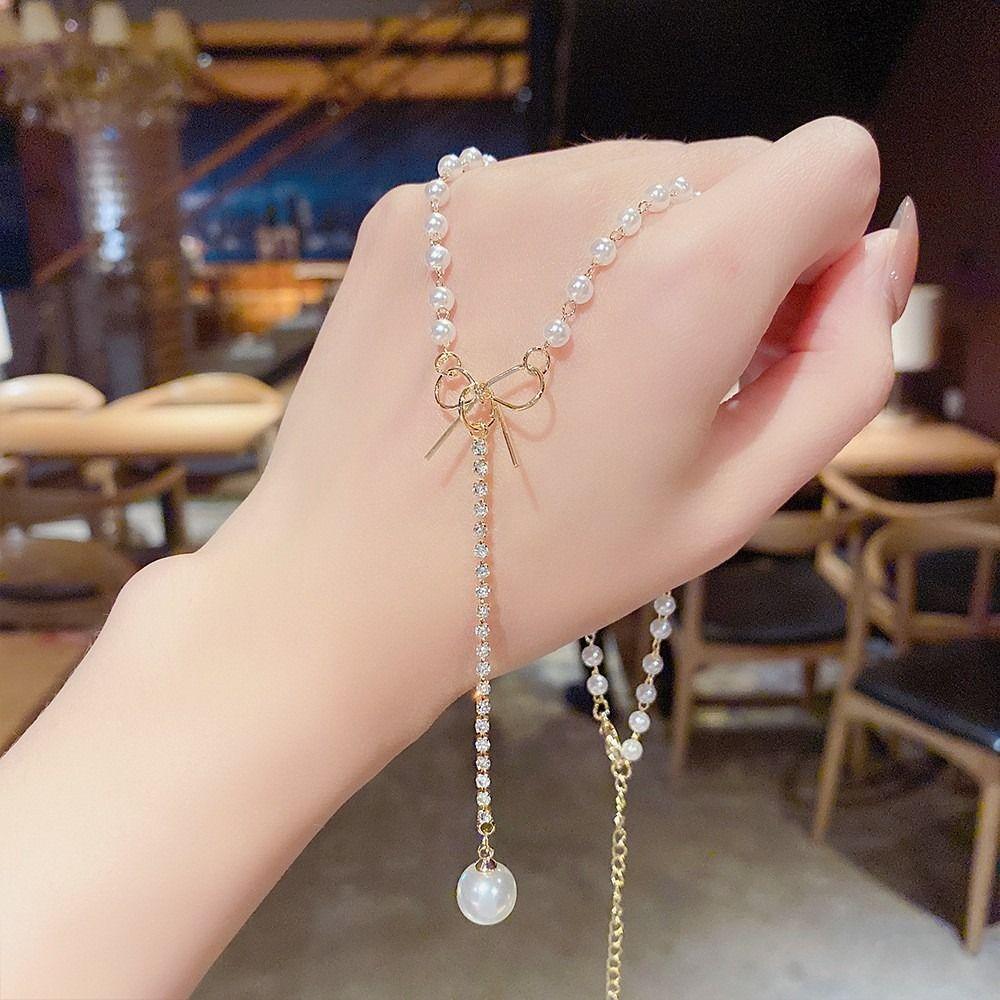 Rhinestone Tassel Bow Knot Pearl Pendant Necklace Light Luxury Pearl Pendant Necklace  Women