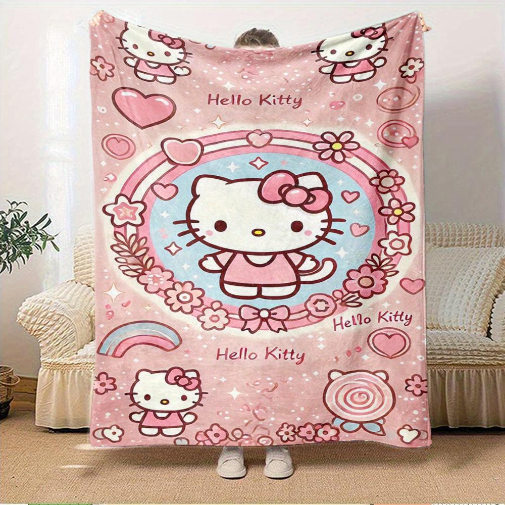 For Hello Kitty, Cute, PinkAnime-Themed Flannel Blanket, Glam Style, Digital Print, All-Season Comfort, Tear-Resistant, Knitted Craftsmanshi