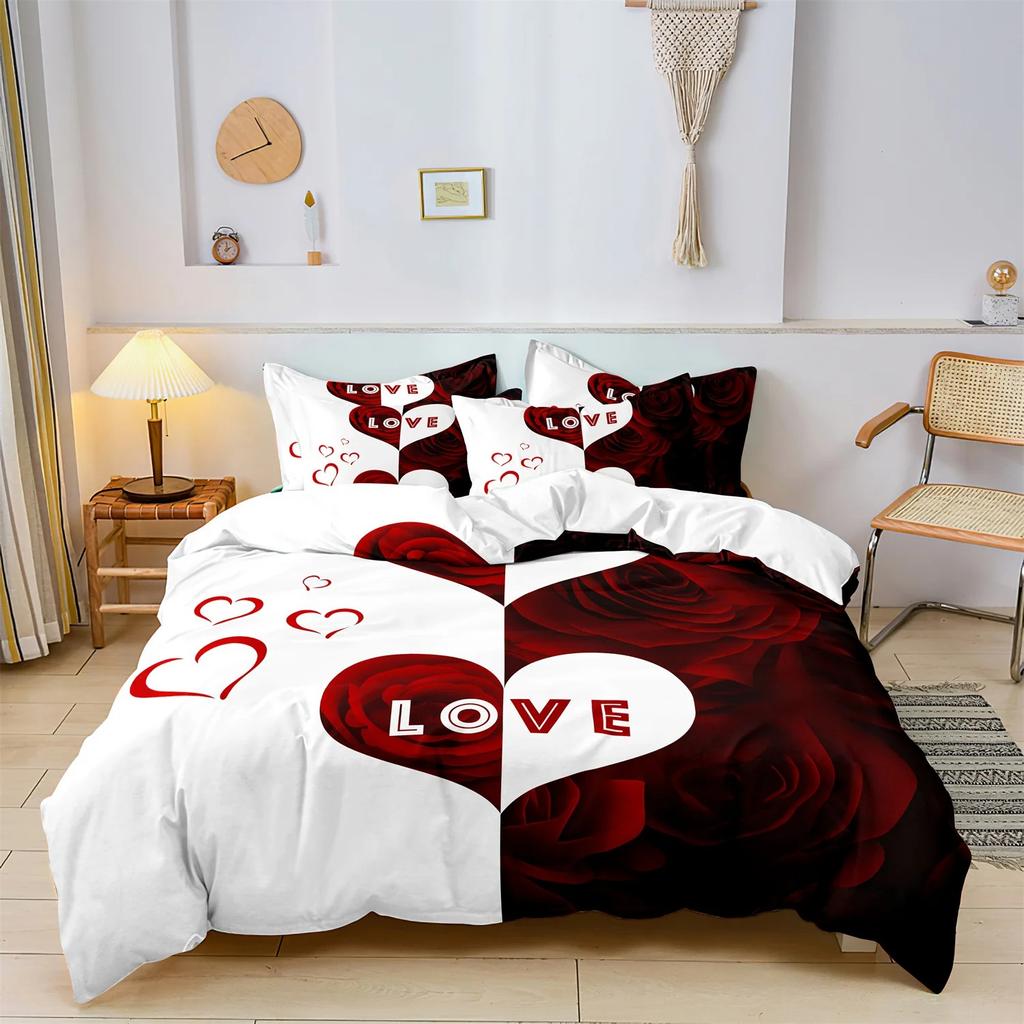 3D Printed Red Black Me And You Rose Letters Heart Pattern Printed Quilt Duvet Cover Bedding Set, For All Season Bedroom, Hotels